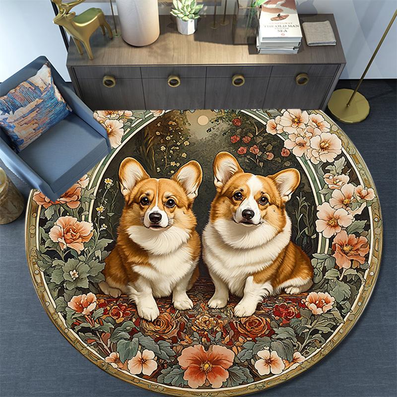 Corgis Round Area Rug,Carpet Rug for Living Room Bedroom Sofa Playroom Decor,Non-slip Floor Mat