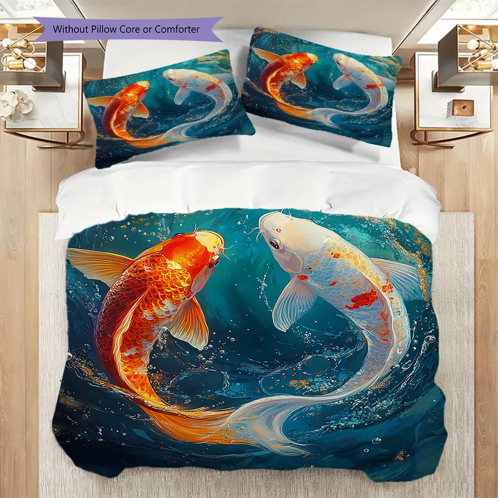 Koi Fish Pattern Bedding Quilt Set Quilt Cover Pillowcase Home Decoration Birthday Gift (1 * duvet cover + 2 * pillowcase, without core)
