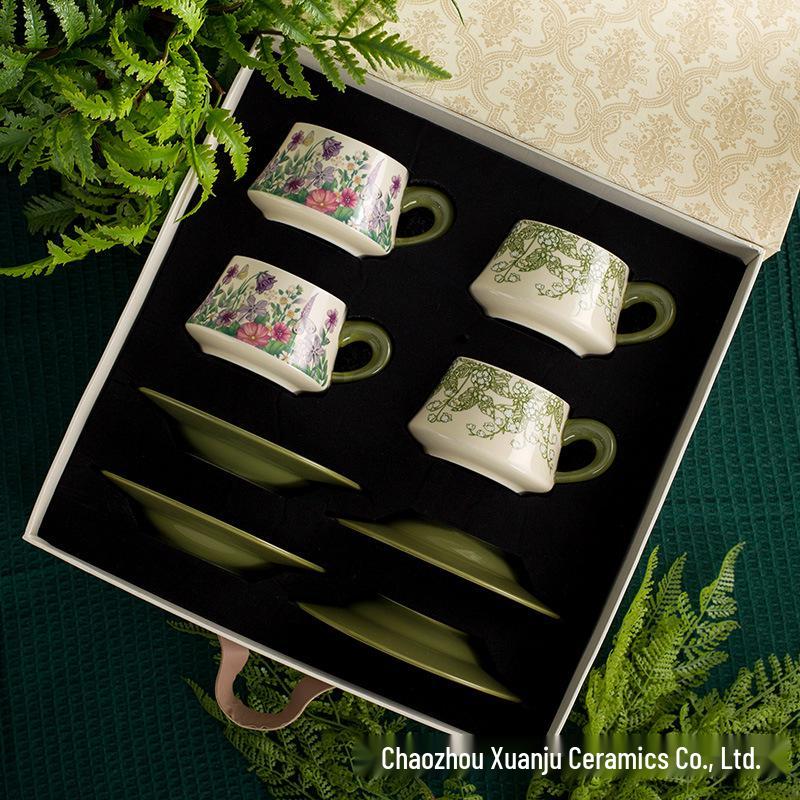 Retro Style Gift Box Set: High-End Ceramic Coffee and Tea Cup with Saucer