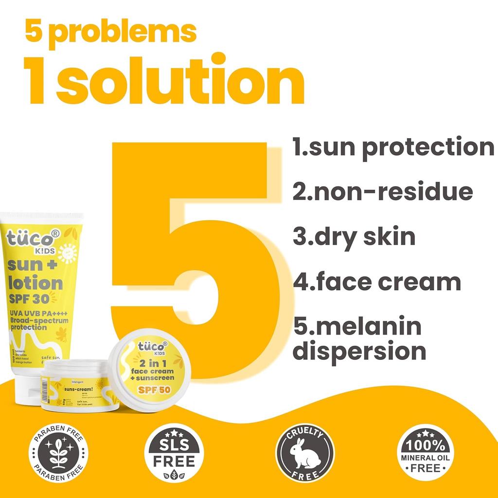 Tuco® Kids Sunscreen Lotion (100ml) & Sunscreen Cream (50gm)| Safe for Kids and Baby | UVA/UVB PA++++ | Ages 2-5, 5-10, 10-15 | 150 gm |
