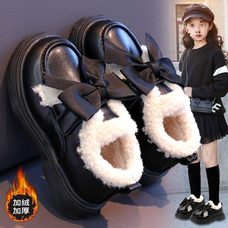 Girls cotton shoes leather shoes 2025 winter new girls velvet warm princess shoes children soft-soled beanie shoes
