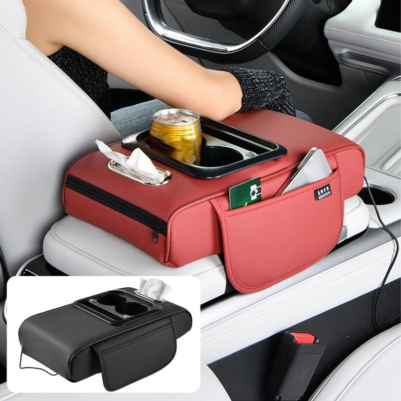 Car Armrest Cushion With Cup Holder Auto Center Console Armrest Cushion Box Elastic Belt Design Vehicle Interior Accessories For