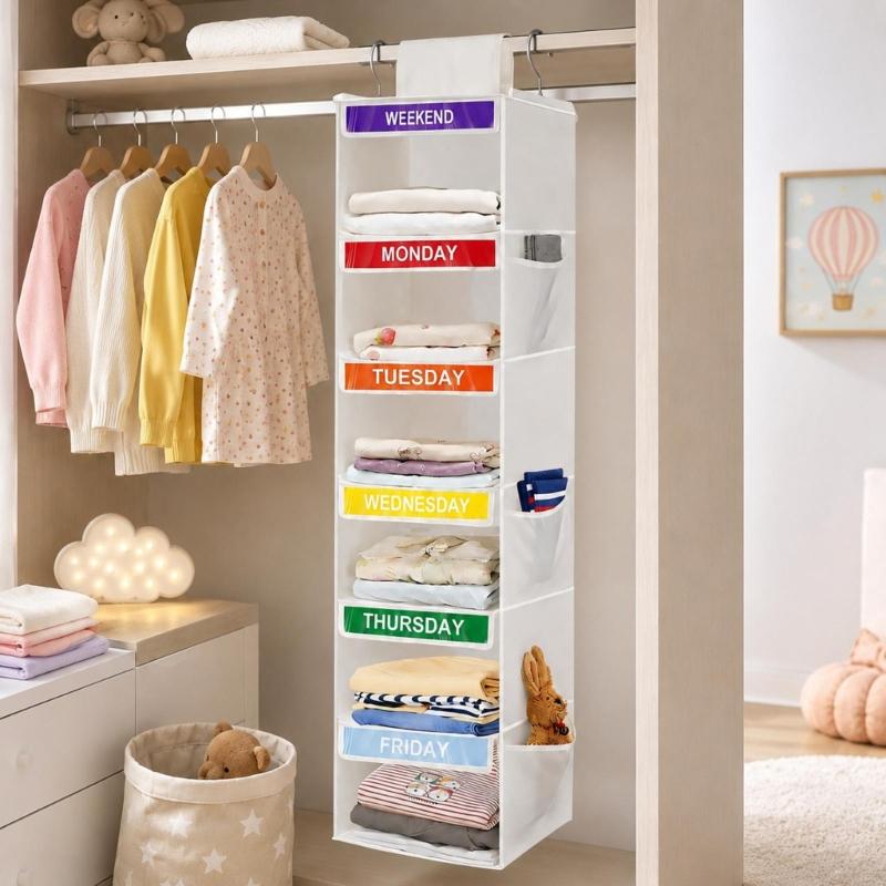 Hanging Closet Shelves for Kids Clothes, 6 Section Weekly Storage with Side Pockets and Fabric Shelf Design for Home Use