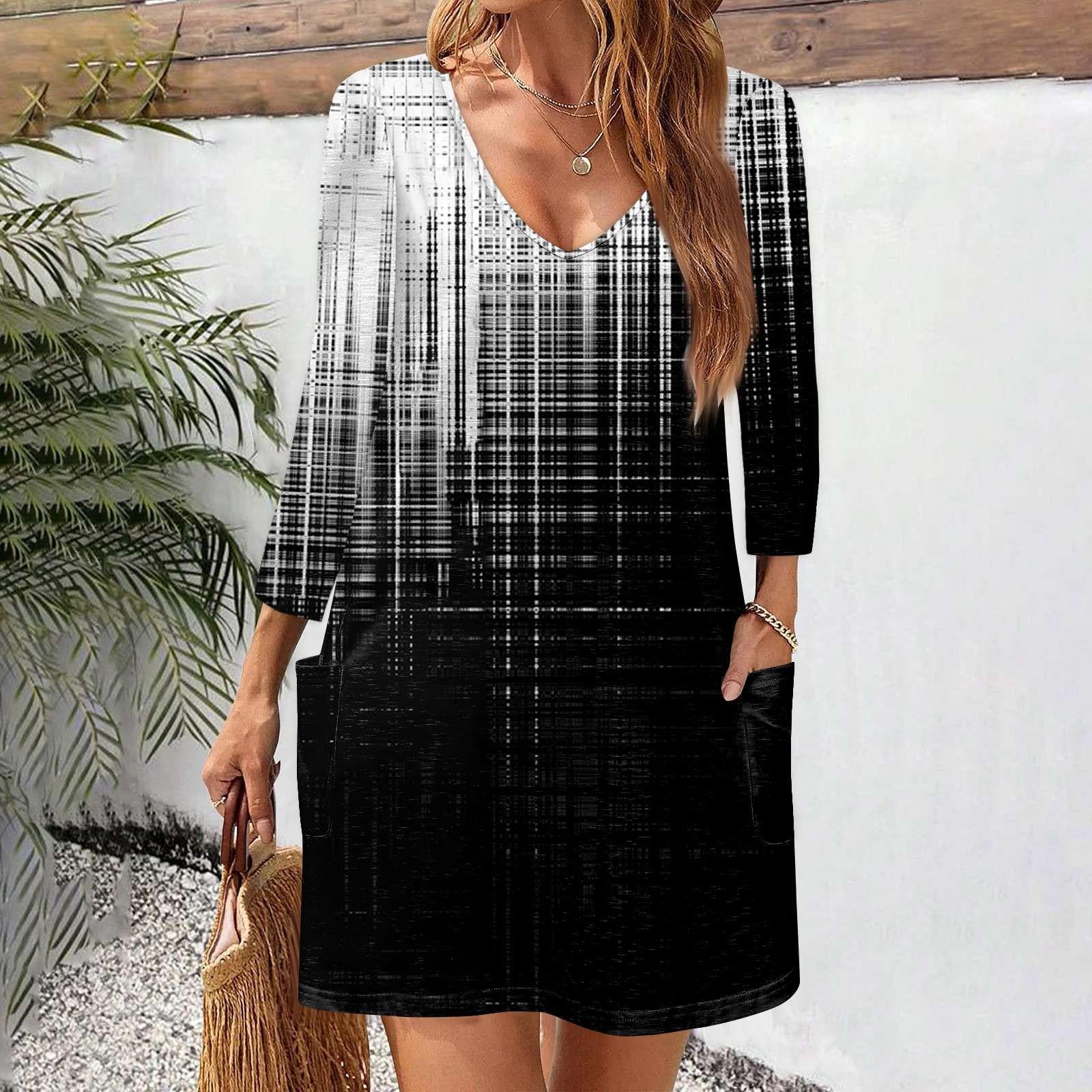 

Жіноча повсякденна та модна сукня вільного крою з V-подібним вирізом у стилі ретро з квітковим принтом і кишеньковими рукавами 3/4 XL білий