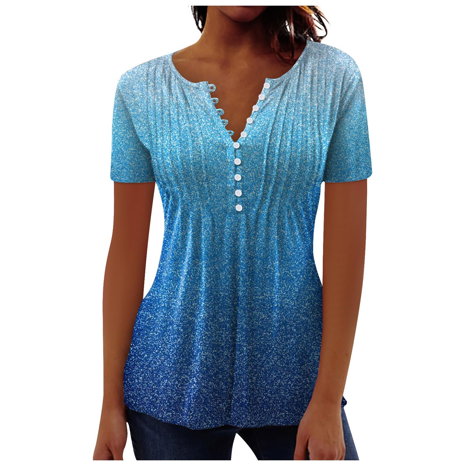 

Женская рубашка с цветным принтом на пуговицах, V-образный вырез, короткий рукав, футболка на пуговицах, летние повседневные топы XL синий