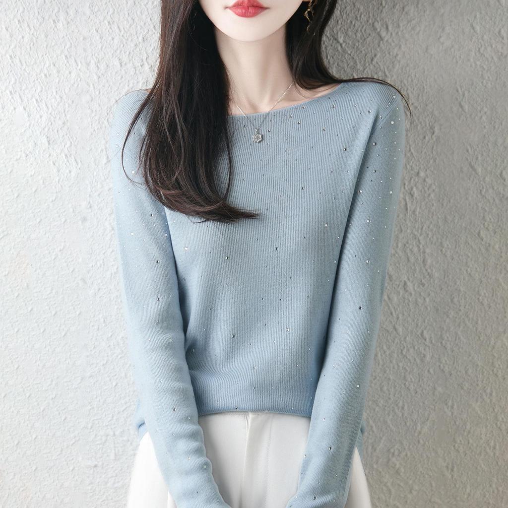 Damen Slim Fit Rundhals Herbstpullover mit Hot-Drill-Akzenten