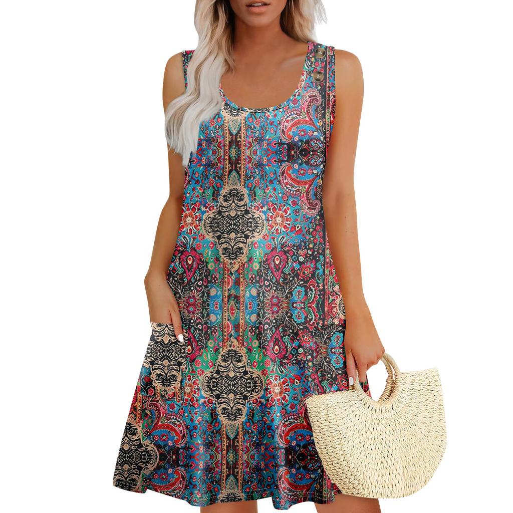 Summer Dresses For Women Beach Boho Sleeveless Printing Flowy Pocket Tshirt Tank Sundresses