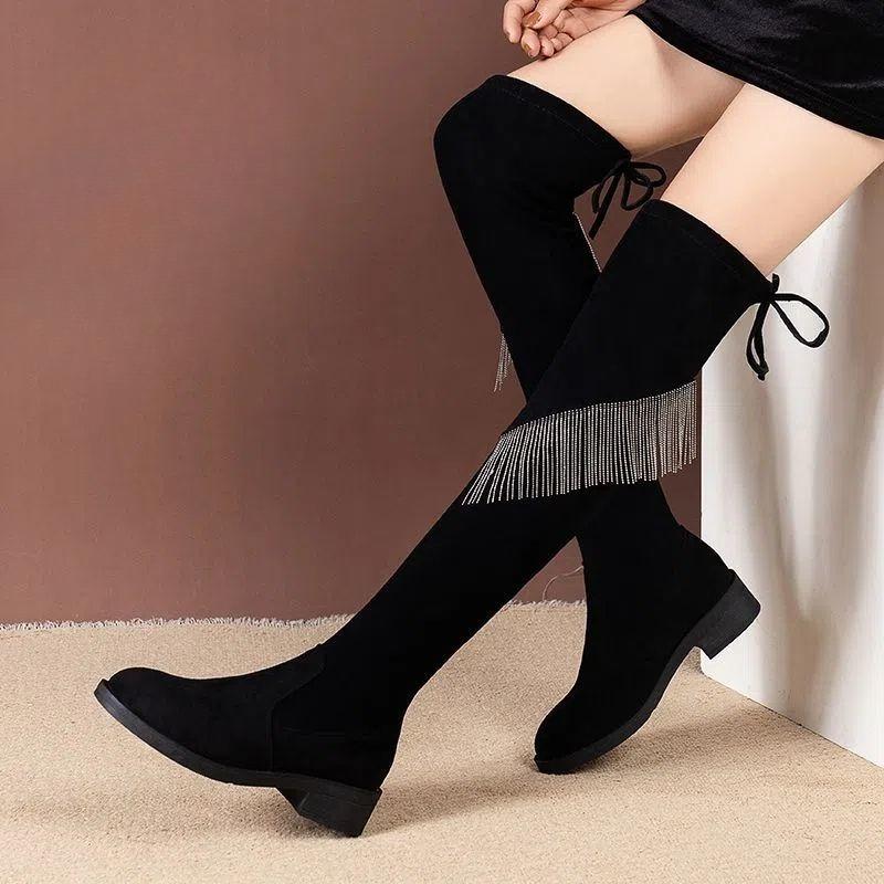 Black Round Toe Tassel Elegant Heeled Thigh High Boots for Women Autumn Winter Comfortable Chic Above Over The Knee Shoes Woman