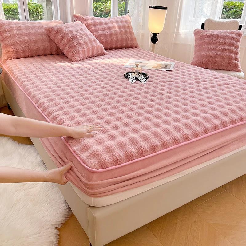 Warm Rabbit Plush Bedsheet Winter Thick Mattress Cover Milk Velvet Mattress Protective Cover Quality Velvet Bed Sheets For Home