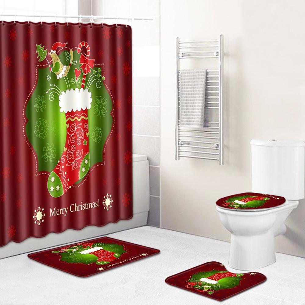 Christmas Bathroom Non-Slip Doormat Bathroom Waterproof Shower Curtain Toilet Floor Mat Four-Piece Shower Room Absorbent Carpet
