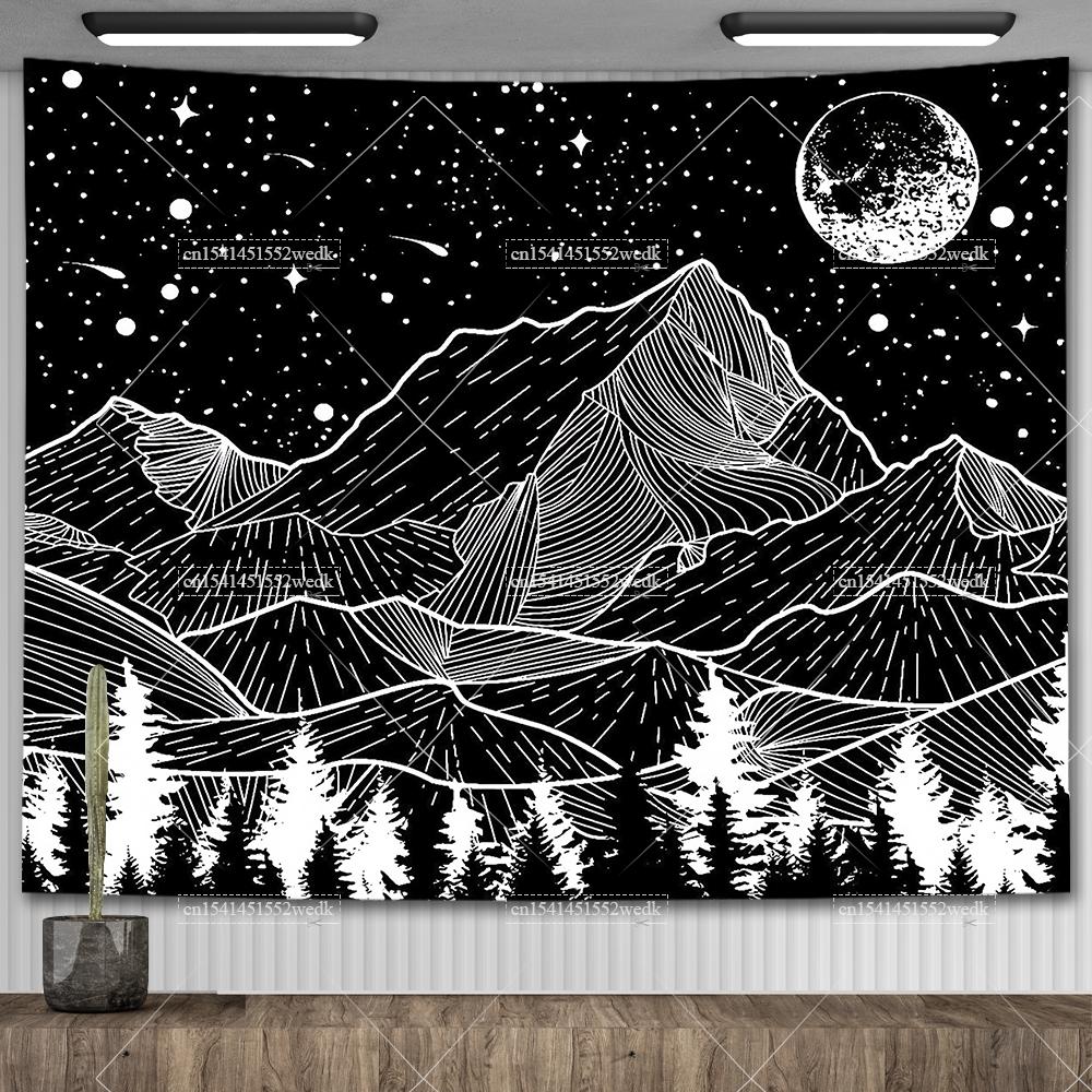 Boho Mountain Tapestry Landscape Tapestry Moon Starry Night Wall Hanging Tapestry Aesthetic Room Decor Backdrops Yoga Meditation