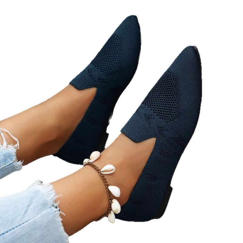 Women's Flyknit Pointed Toe Loafers - Low-Cut Slip-On Casual Flats, Breathable Comfort Shoes