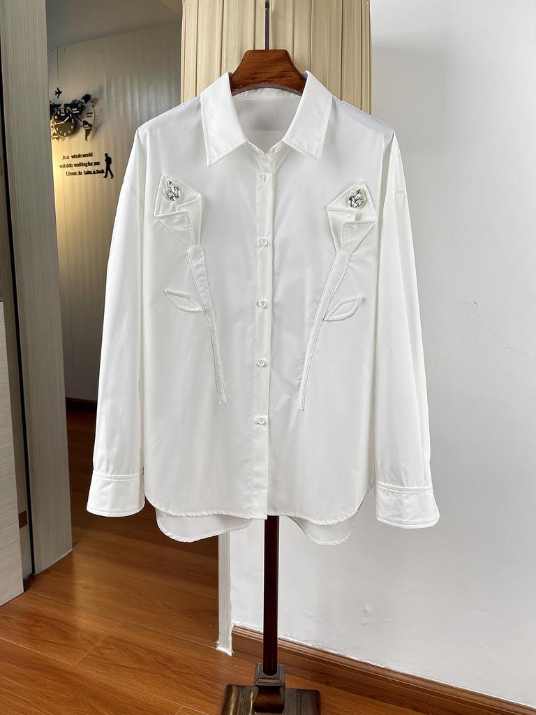 Women's Diamond-Encrusted 3D Floral Loose Long-Sleeve Lapel Shirt, Mid-Length, Spring Top
