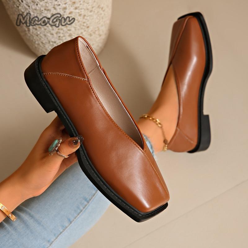 Black Brown PU Leather Square Toe Low Heel Pumps Slip on Women's Casual Shoes Comfortable Footwear Spring Autumn Size 36