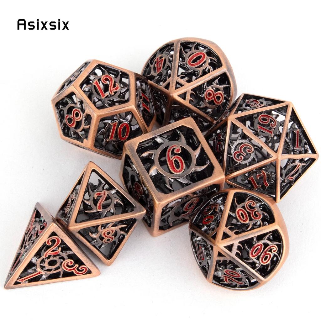 7-teiliges kupferrotes rotierendes Zyklon-Metallwürfel-Set aus hohlen polyedrischen Metallwürfeln, geeignet für Rollenspiele, RPG-Brettspiele, Kartenspiele