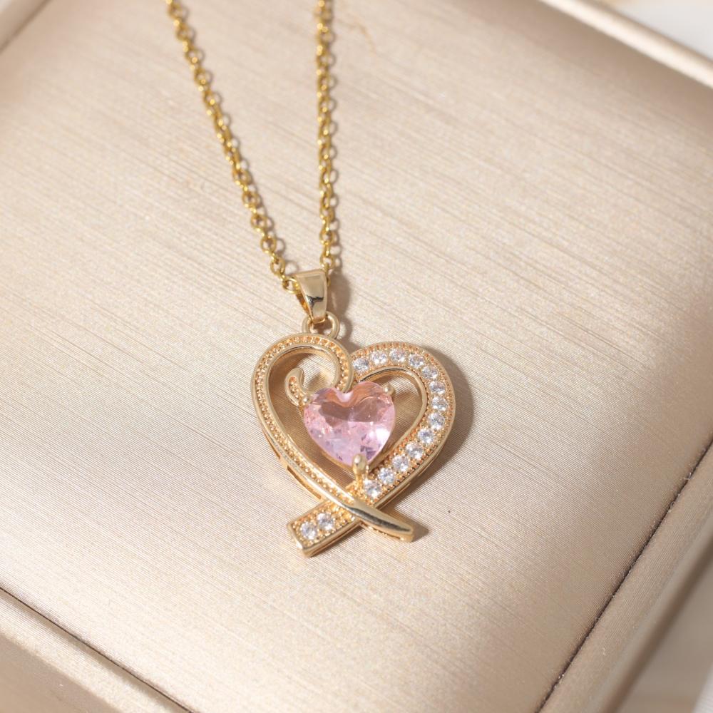 Heart Necklace for Women Golden Stainless Steel Clavicle Chain Pink Zirconia Jewelry Wedding Party Daily Wear Accessories