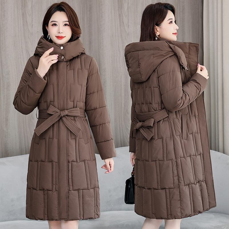 Down cotton jacket women's 2025 winter new Korean cotton jacket waist-cinched mid-length thickened slimming hooded jacket