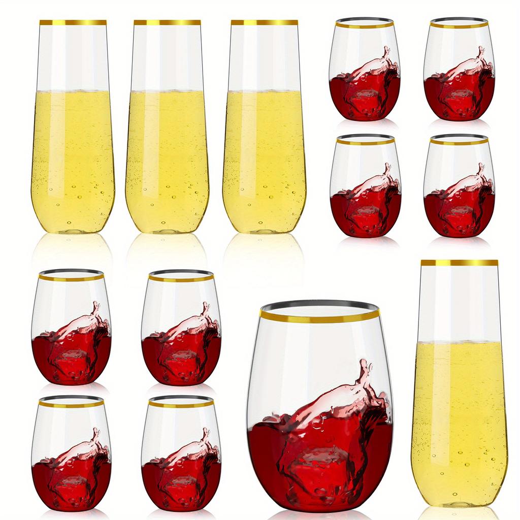 24pcs Plastic Wine Glasses Combo (12pcs 16oz Plastic Wine Glasses & 12pcs 9oz Plastic Champagne Flutes) Stemless Clear Disposable Golden Rims Unbreaka