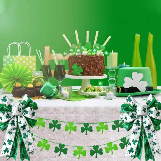 St. Patrick's Day Bow Large White Green Glitter Shamrock Bow Irish Holiday Decor Ribbon Bow Knot for Wreath Tree Topper Front Door