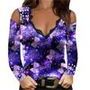 Women's Long Sleeve Sexy Floral Printed V-neck Lace Strapless T-shirt Blouse Top