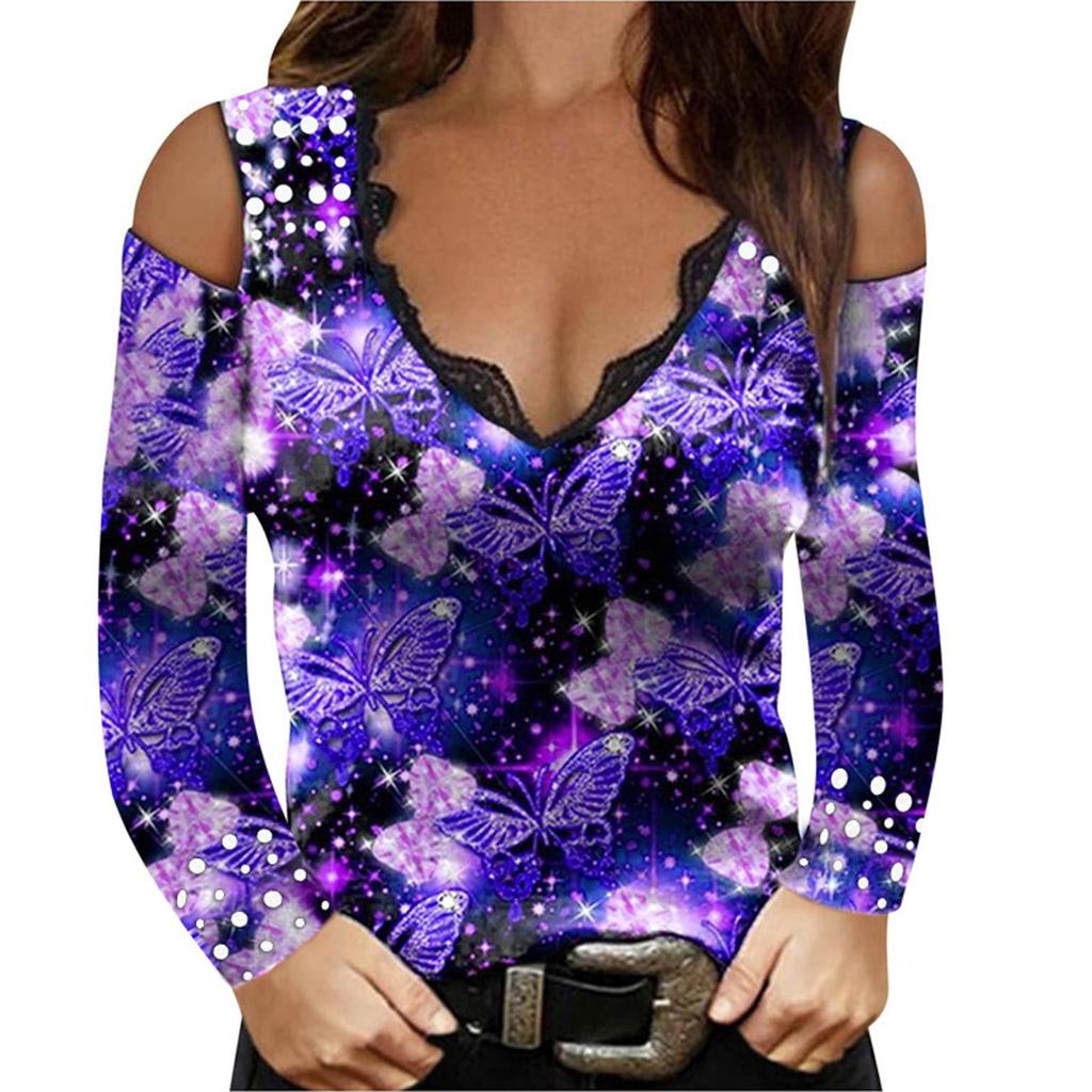 Women's Long Sleeve Sexy Floral Printed V-neck Lace Strapless T-shirt Blouse Top