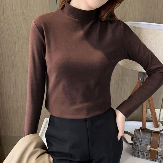 Half High Collar Long Sleeves Slim Fit Bottoming Blouse Autumn Winter Thickened Double-Sided Fleece Pure Color Thermal Top Daily Clothing