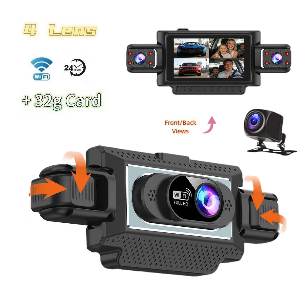 360° autokamera se 4 objektivy pro auta, WiFi aplikace, 1080P, 4-kanálový videozáznamník jízdy, kamera do kabiny a zadní kamera