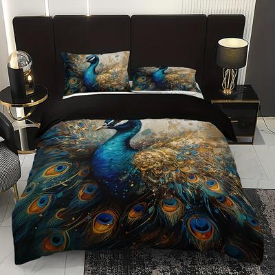 3-teiliges Bettbezug-Set, 1 Bettbezug + 2 Kissenbezüge (Keine Einlagen), Zuhause & Wohnheim Hochauflösend Gedruckt Goldener Pfau Floral