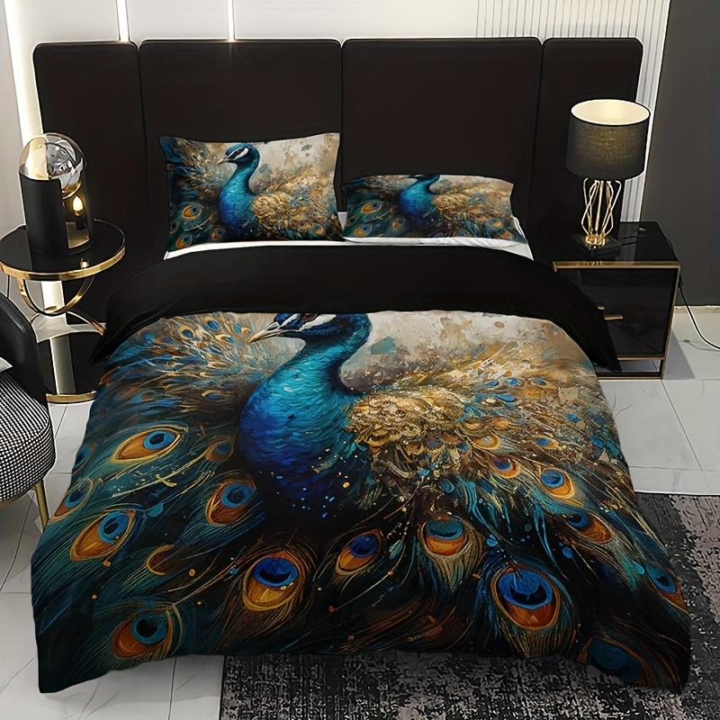 

3Pcs Duvet Cover Set, 1 Duvet Cover + 2 Pillowcases (No Inserts), Home & Dormitory High-Definition Printed Golden Peacock Floral Duvet Cover Set&EU Single(135x200cm)