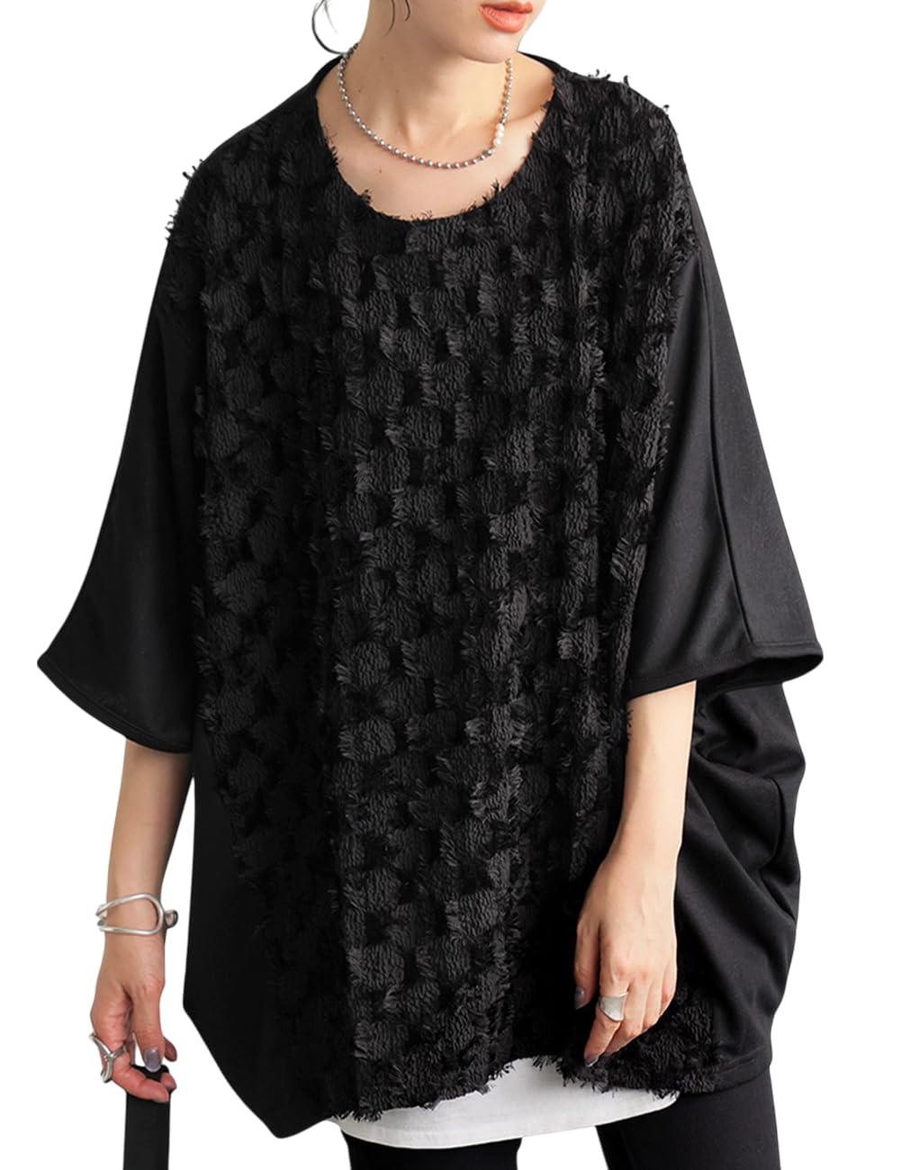 

antiqua Топ женский с бахромой, рукавом долман, короткий, единый размер, черный, с принтом, рукав, трансформируемый, PA-03812, 05,