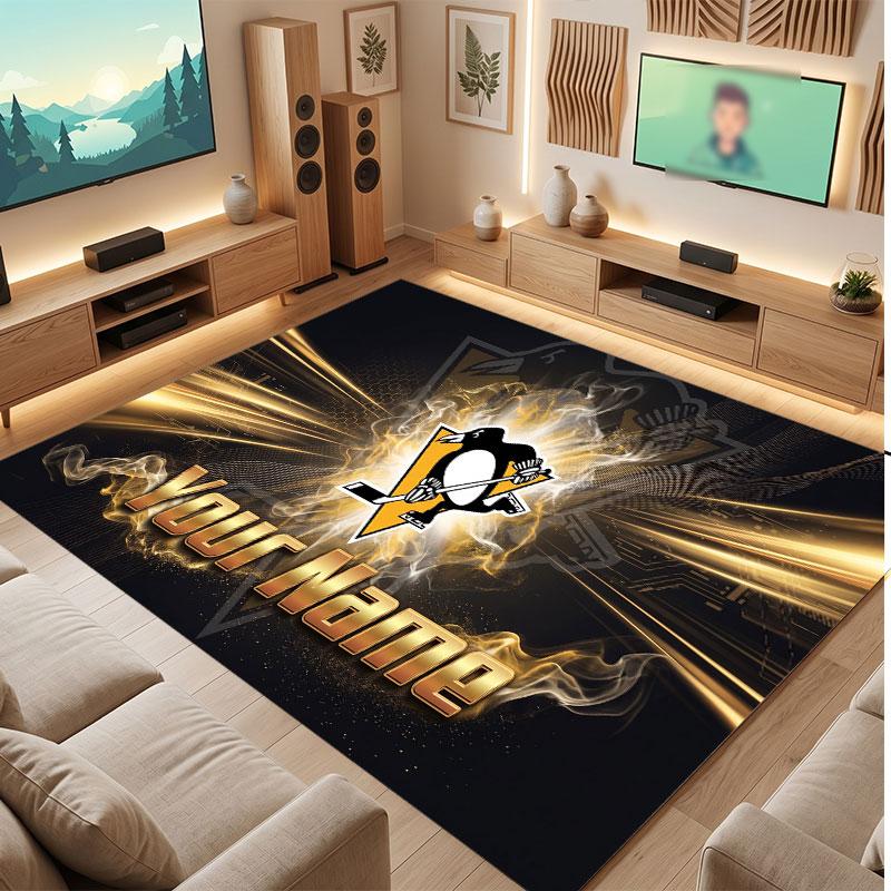 Pittsburgh Penguins Personalized Crystal Velvet Carpet, Customized Name Text Soft Anti‑Slip Rug for Living Room Bedroom