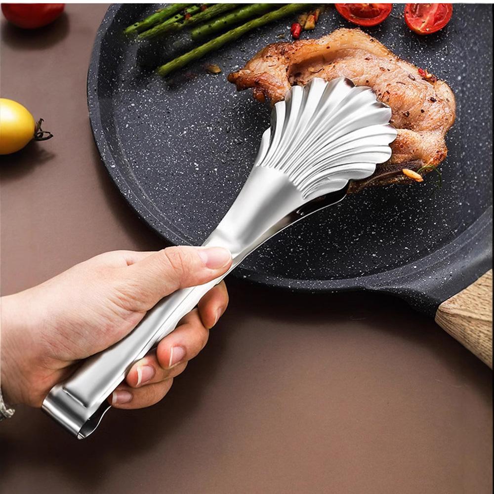 Stainless Steel Kitchen Shell Head Tongs Long Handle Steak Clamp Cake Food Clip Cooking Utensils