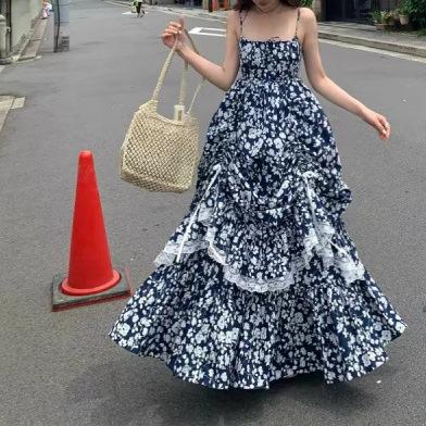 French design navy blue background white rose floral suspender dress temperament long dress holiday dress S