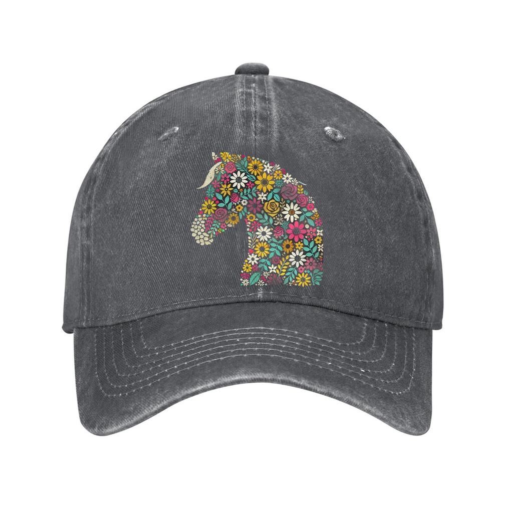 Floral Horse Head Print Washed Baseball Cap Denim Casual Adjustable Sun Protection Dad Hat