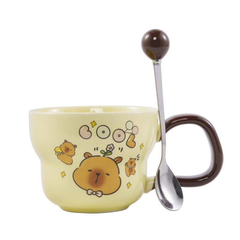 Roztomilý keramický hrnek s kapybarou a lžičkou, hrnek pro pár, vysoký, hezký, kreslený hrnek s kapybarou, suvenýr na oslavu obchodu