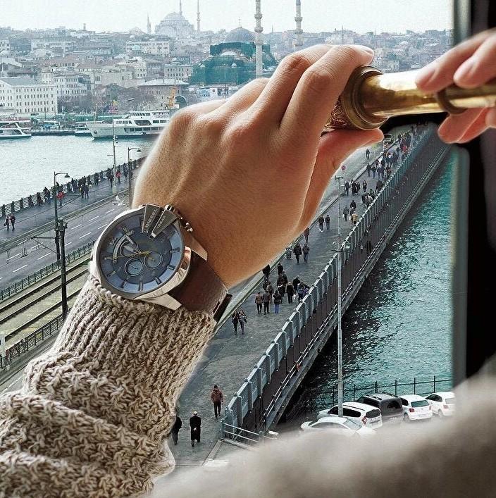 Diesel Męski zegarek DZ4281 brązowy pasek niebieska tarcza 51 mm + pudełko