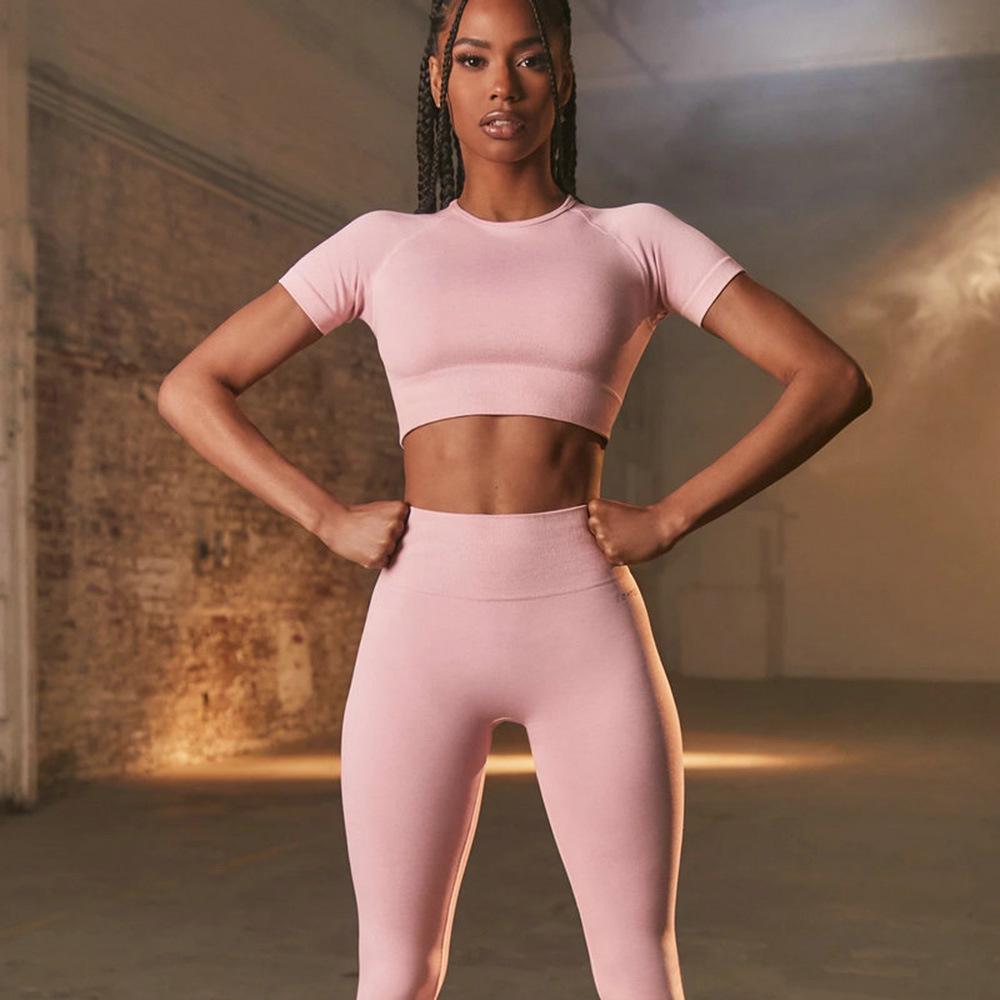 Women's Solid Color High Waist Yoga Set: Short Sleeve Top & Long Pants Two-Piece