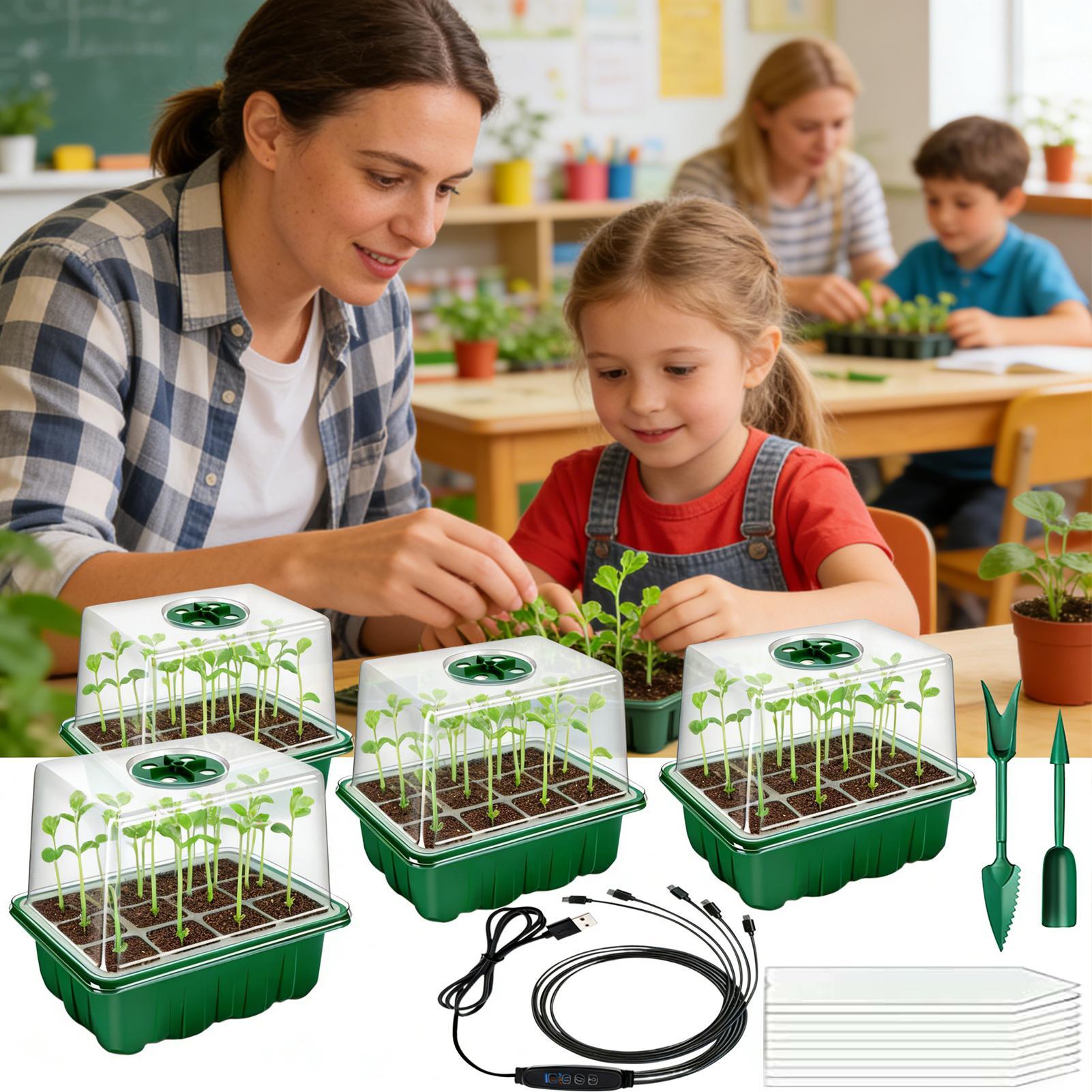 Набор из 5 штук 60-ячеистых лотков для рассады Стартовый набор лотков для рассады С инструментом с регулируемой яркостью Многоразовый лоток для проращивания растений CN