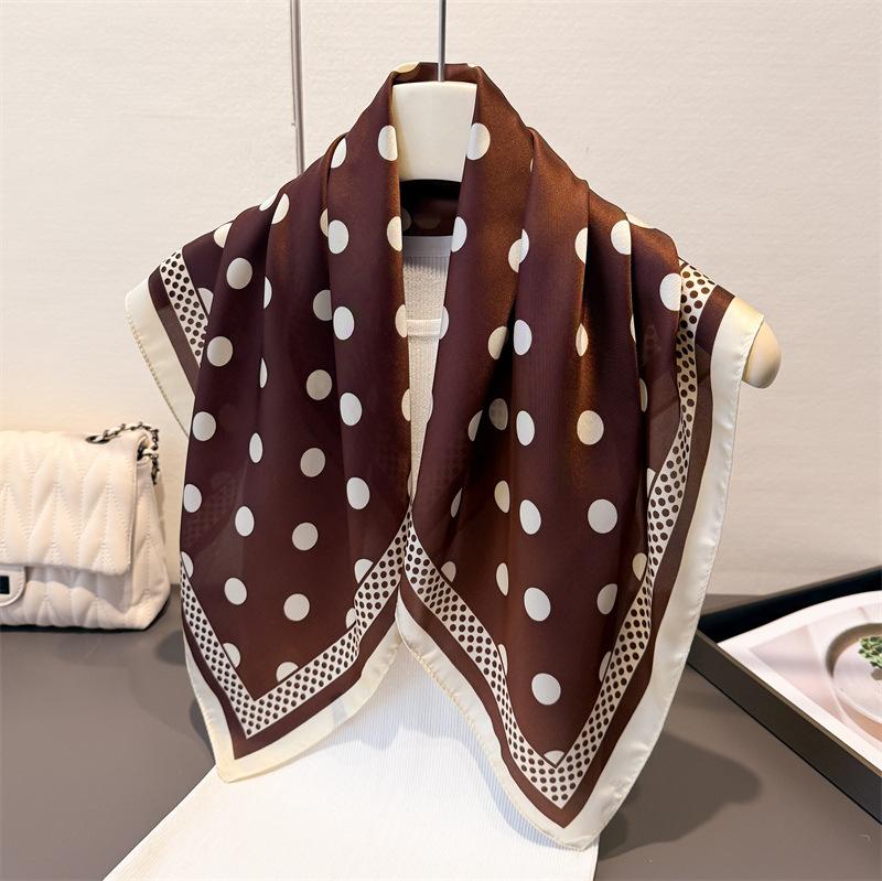 Retro French Polka Dot Spring/ Lightweight Faux Silk Printed Small Scarf Shawl Neckerchief with a High-end Feel for Women
