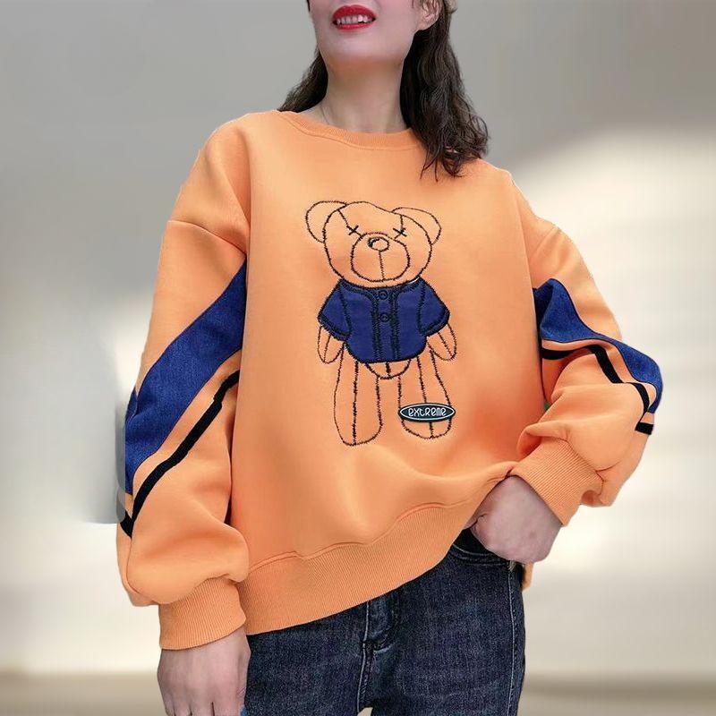 Bear Print Fleece Thickened Hoodie Women Loose Round Neck Casual Long Sleeve Top Autumn Winter Fashion Coat M оранжевый