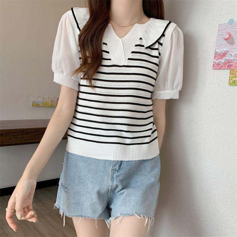 Fake Two Piece Shirt Patchwork V-neck Striped Polo Shirt Knitted T-shirt for Women's Design Sense Short Bubble Short Sleeved Top for Summer