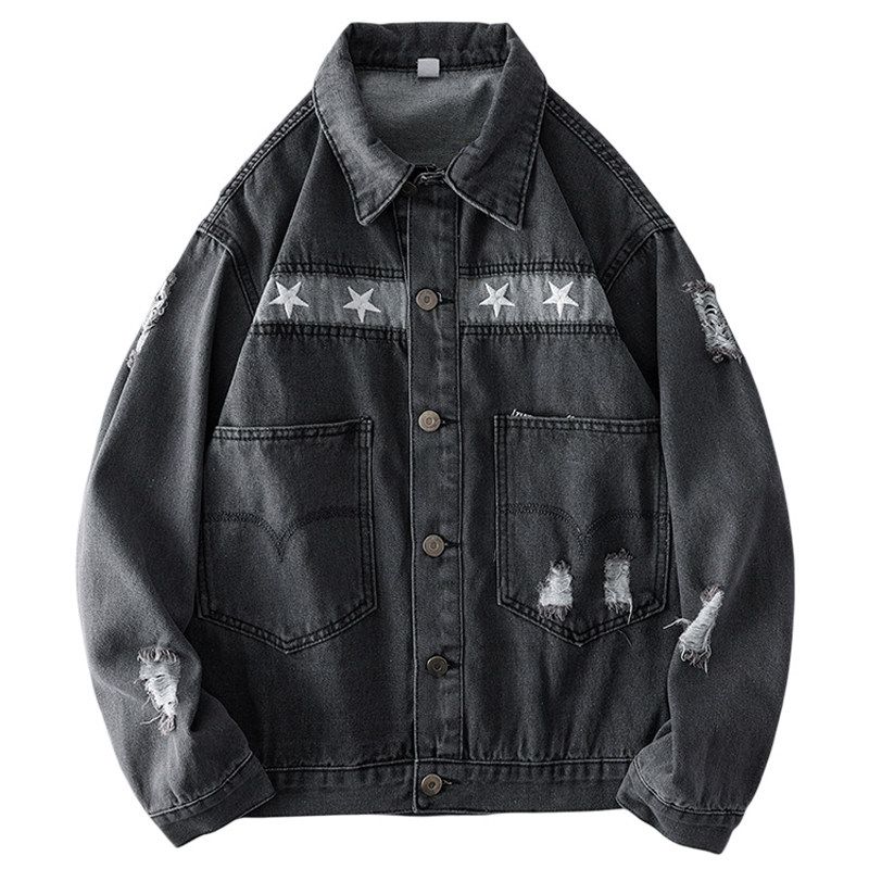 Ripped Black Embroider Workwear Denim Jacket Men's Spring and Autumn Trendy Retro Export Export Tail Single Men's Clothing Jacket