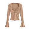 2023 Hot Girl Square Neck Metal Ring Hollow Long Sleeve Top - Sexy Clavicle Exposed Slim Fit Autumn Shirt with Flared Sleeves