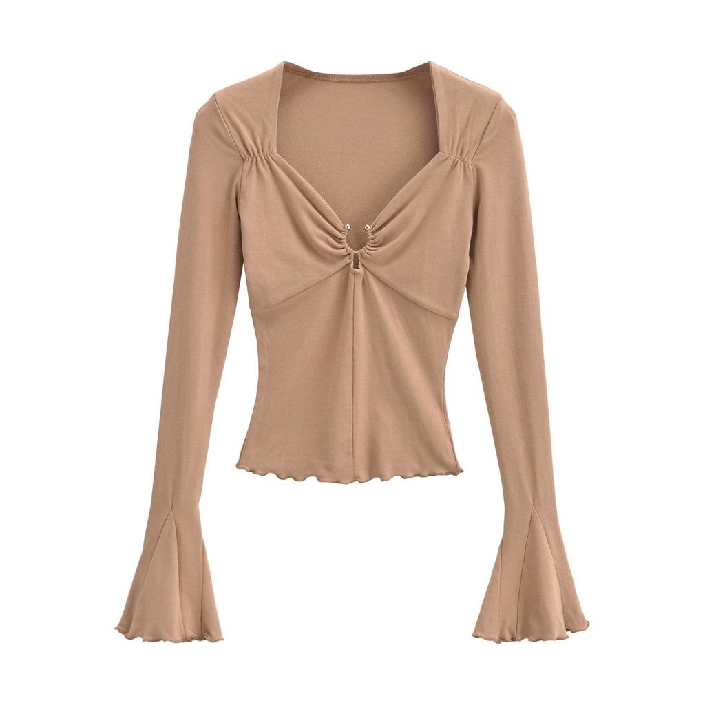 2023 Hot Girl Square Neck Metal Ring Hollow Long Sleeve Top - Sexy Clavicle Exposed Slim Fit Autumn Shirt with Flared Sleeves