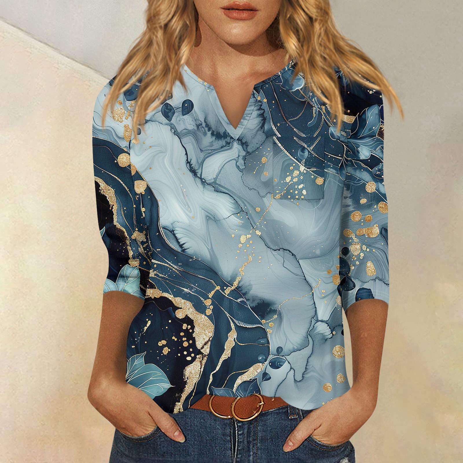 

Женская модная рубашка, повседневная рубашка с рукавами реглан, карман, V-образный вырез, рукав 3/4, свободная футболка с принтом, женский топ XXL синий