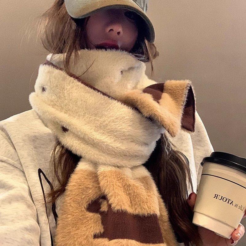 Plush and Cute Dog Double Sided Knitted Plush Scarf for Women In Autumn and Winter Korean Style Thickened Warm Wool Versatile