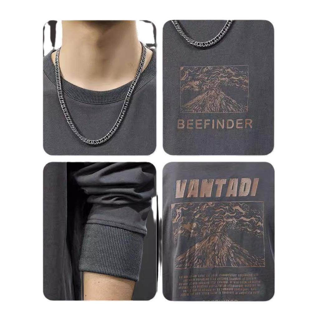 Autumn American Retro Printed Long-Sleeved T-Shirt Men'S Loose Large Size Heavy Cotton Bottoming Shirt Crew Neck Sweater