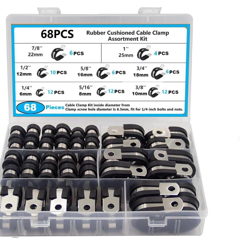 68PCS 304 Stainless Steel Rubber Lined P-Clip Cable Clamps 8 Sizes R-Type Cushioned Pipe Hose Tube Wire Management Kit with Box