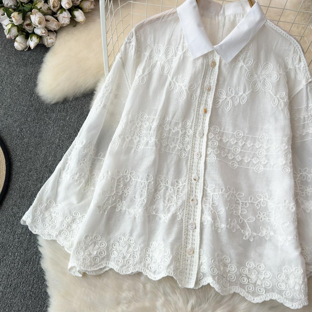 Dimanaf Bluză de primăvară de vară 2025, cămașă pentru femei, cu mânecă lungă, Topuri de modă de bază, Tricouri din dantelă, lejer, alb