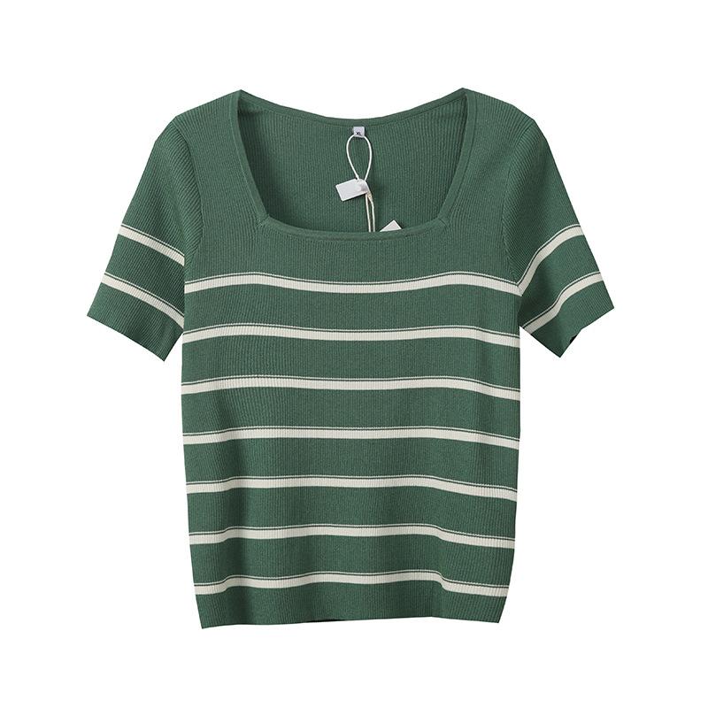 Large size women's clothing square neck contrasting striped knitted sweater summer and Korean version thin short-sleeved T-shirt 212101